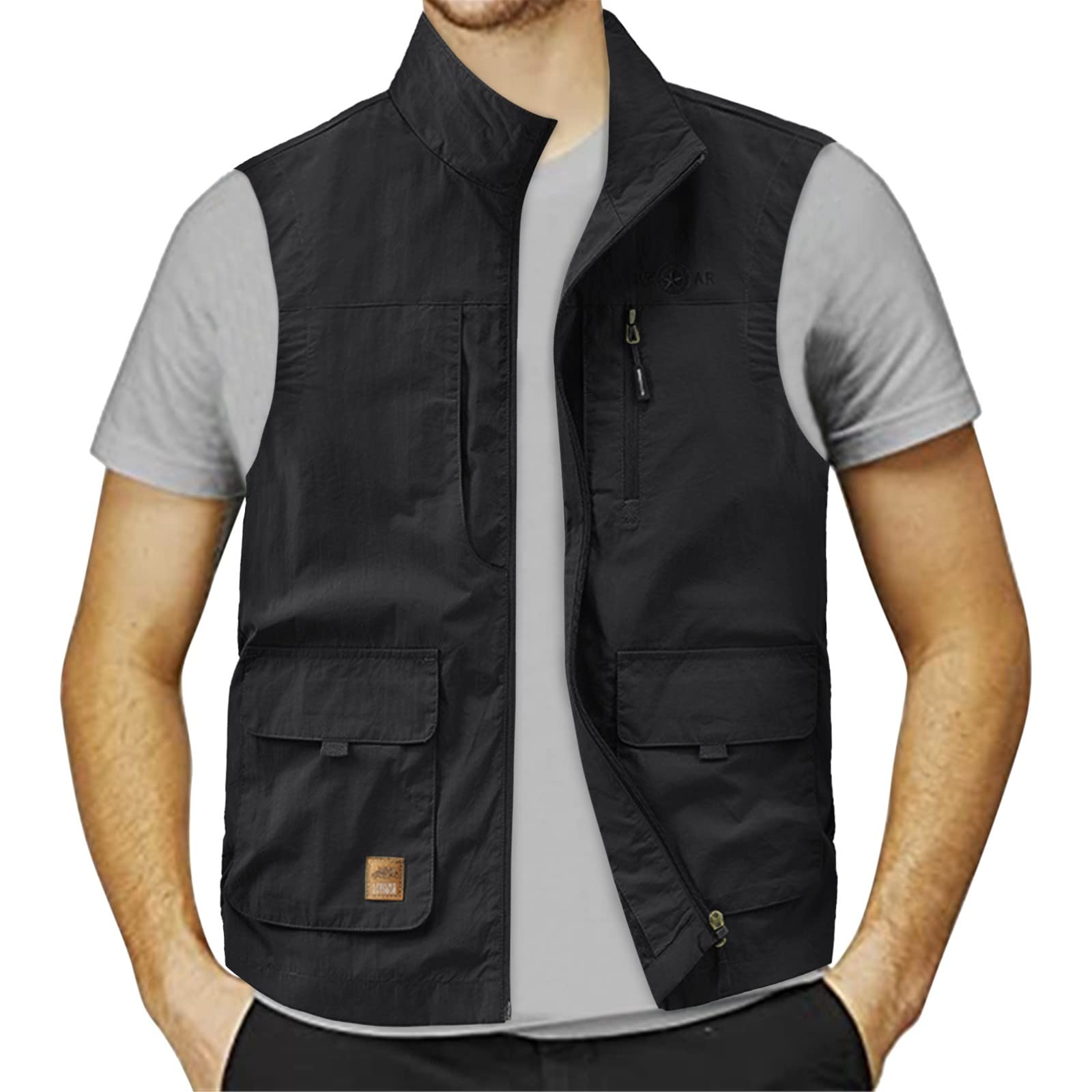 Gilet sottile per attività all'aria aperta, da uomo, 5 pezzi, moderno, colletto alto, da pesca, con cerniera, senza maniche, con tasche multiple, leggero, per il tempo libero, da uomo, per lavoro