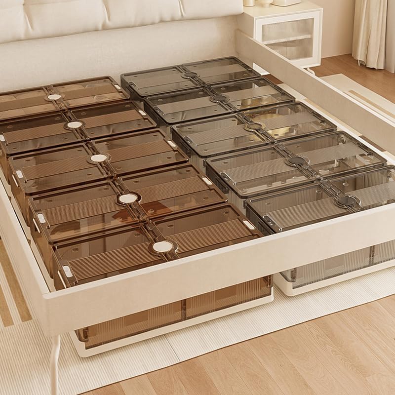 Stackable Closet Under Bed Organizers And Storage Box, Multi-Purpose Storage Bins With Lids& Wheels Organizer Containers, Large Plastic Folding Box For Clothes Shoes - Brown (Clear)