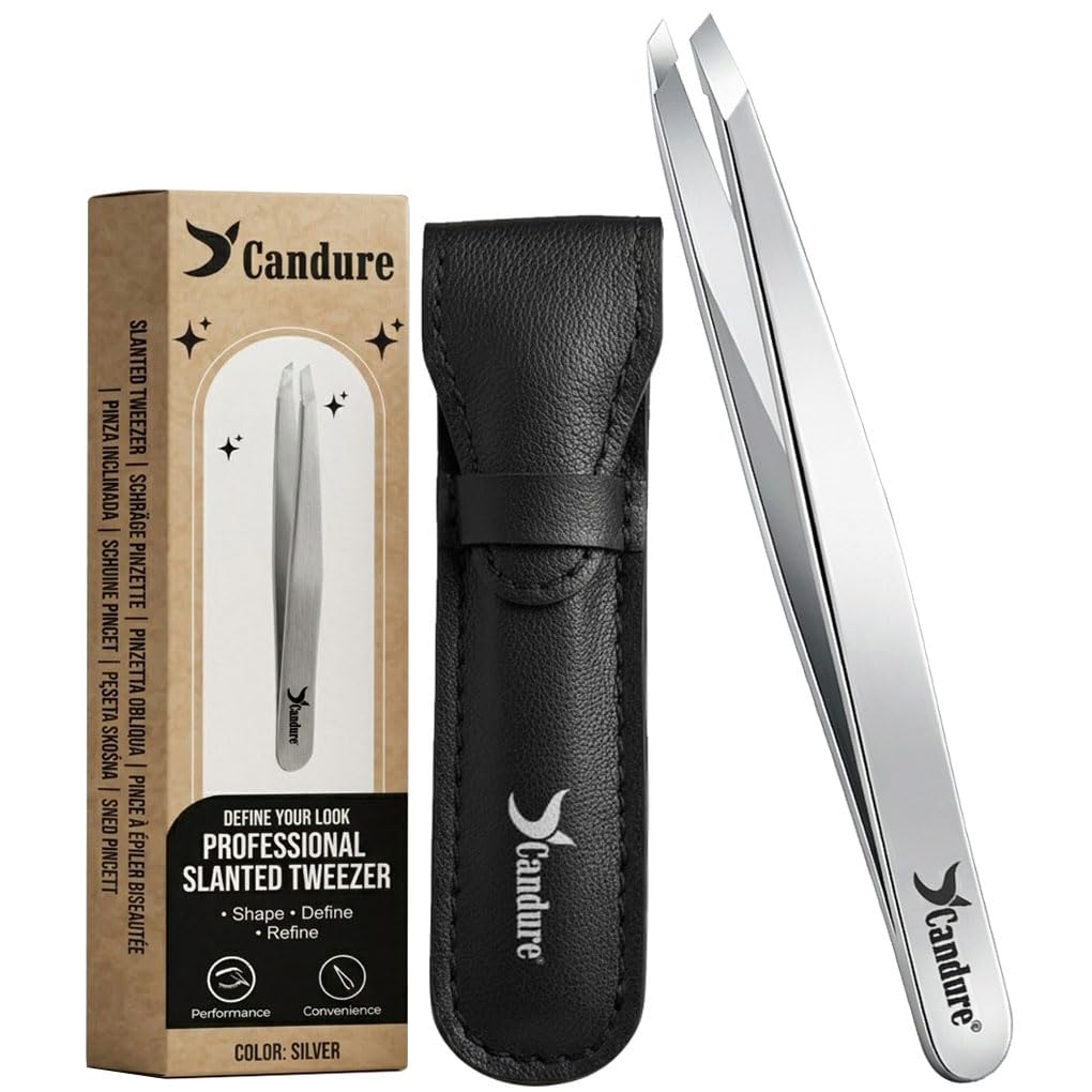 Candure Professional Slanted Tweezers for Men and Women – Precision Stainless Steel Tweezer for Brow, Chin, Facial Hair, Ingrown Hair & Plucking with Leather Pouch (Silver)