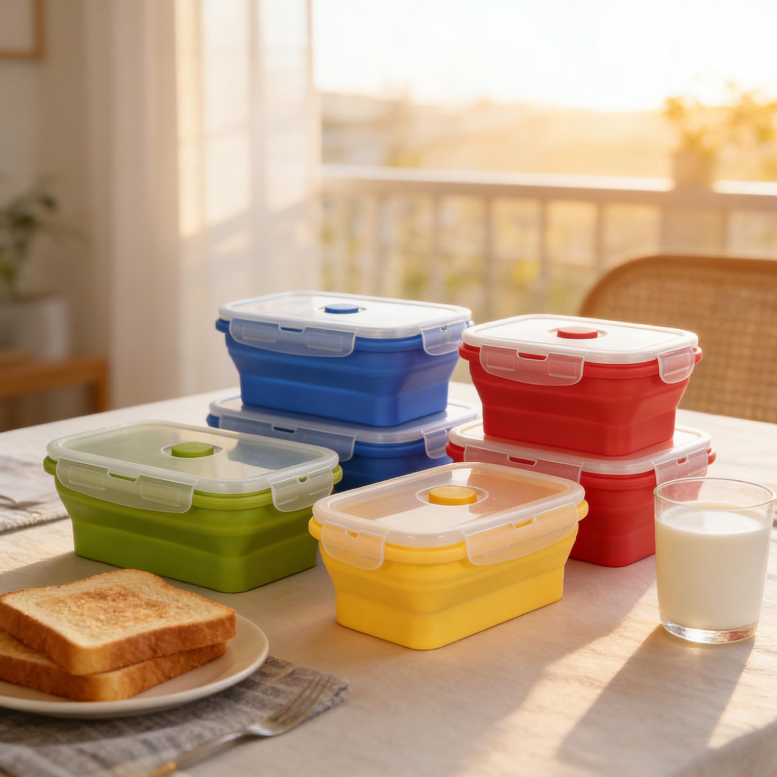 SHERCHPRY Set da 4 Contenitori per Alimenti Pieghevoli in Silicone con Coperchio Ermetico, Design Salvaspazio Pieghevole, Capacità 350ml per Ufficio e Campeggio