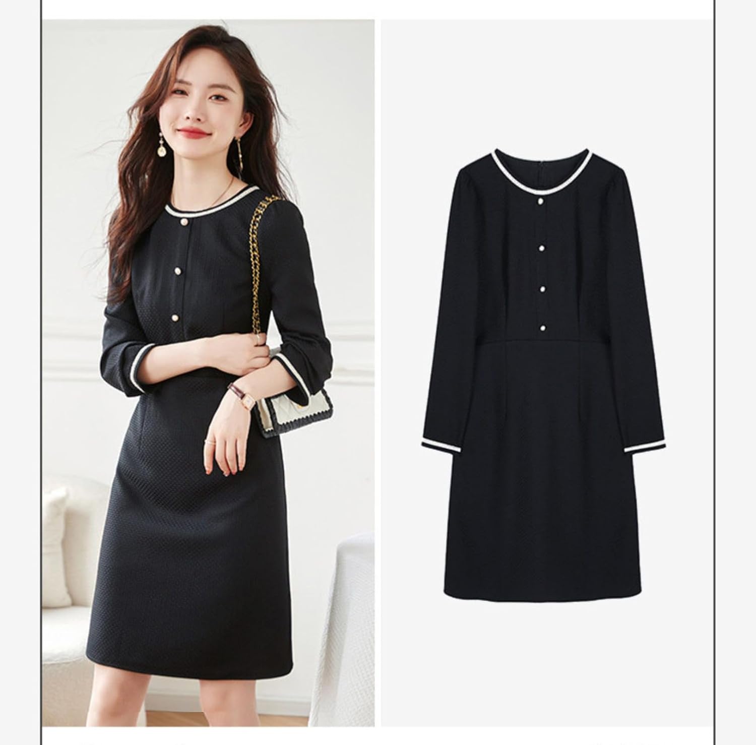 [セイラ] ワンピース レディース 長袖 ひざ丈 クルーネック チェック 上品 エレガント かわいい カジュアル おしゃれ 通勤 着