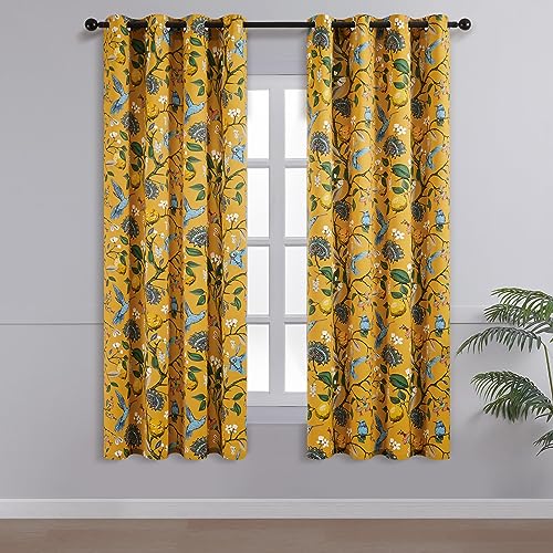 Image of Topfinel 60 Inches Long Custom Mustard Yellow Luxury Curtains for Living Room Bedroom, Blackout Vintage Victorian Curtains Floral Lemon Hummingbird Printed Grommet Drape 60 Inch Length