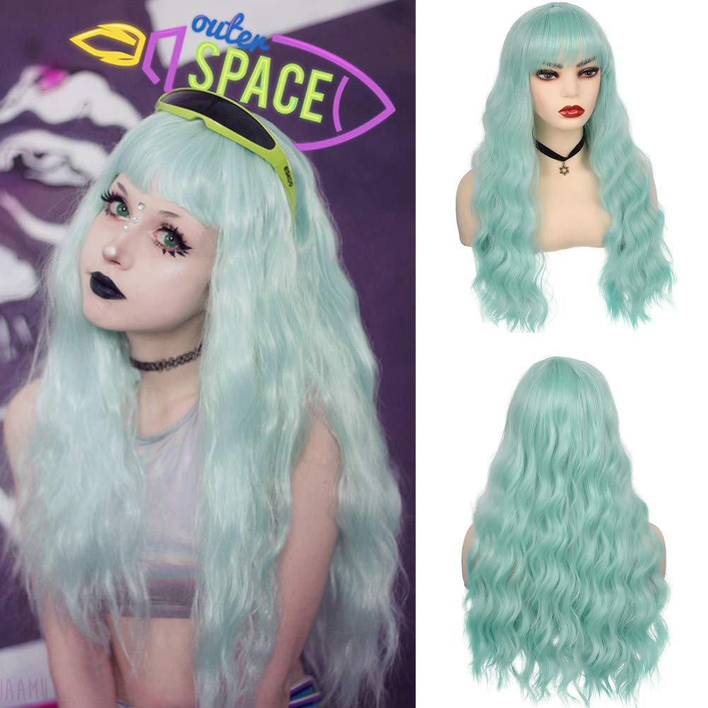 Swiking Mint Green Wigs for Women - Long Curly & Wavy Synthetic Hair Wigs with Bangs - Heat Resistant Cosplay Costume Wig