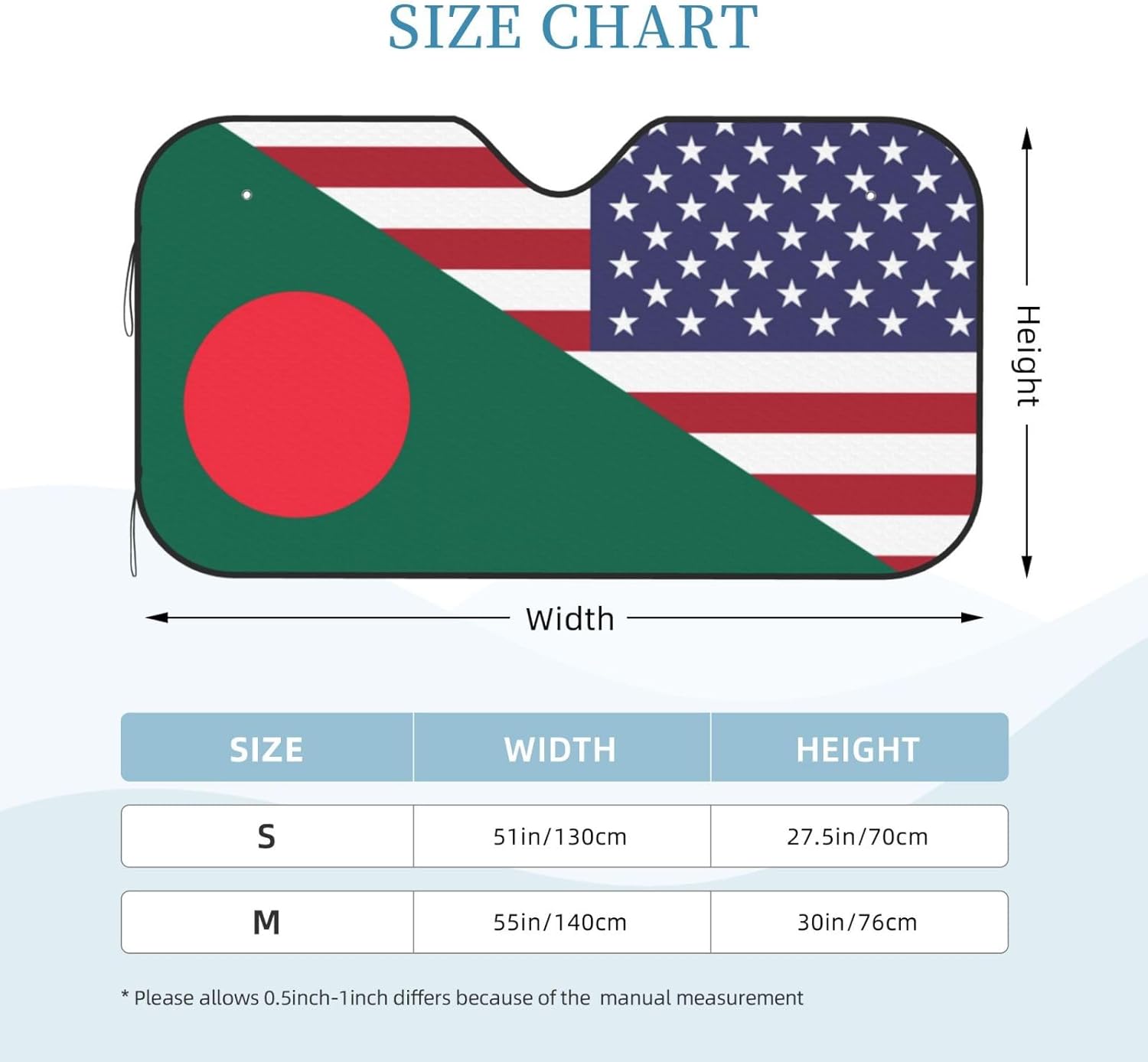 America Bangladesh Friendship Flag Foldable Car Windshield Sunshade Blocks Heat and Sun Glare Uv Rays