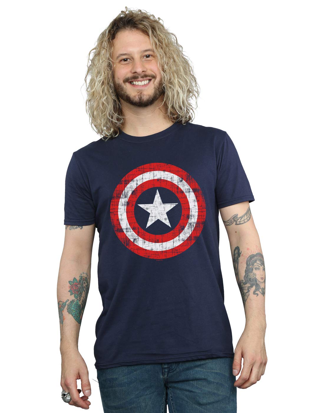 Absolute Cult Men's Navy Blue Marvel Avengers Captain America Scratched Shield T-Shirt Medium