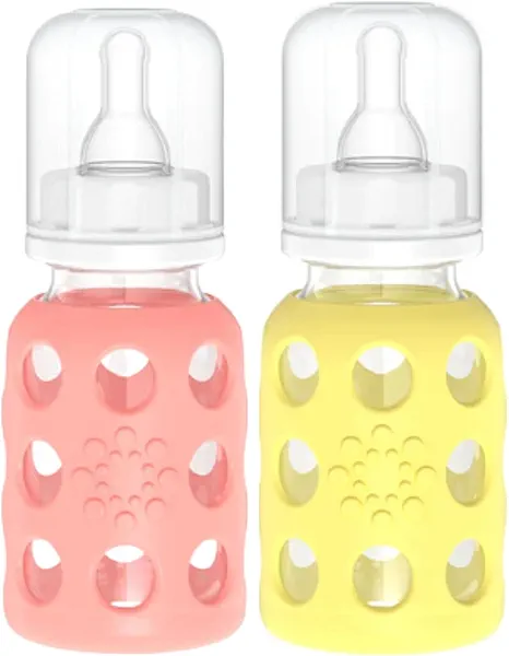 Lifefactory Glass Baby Bottle BPA Free | Protective Silicone Sleeve | 4 oz Pack of 2 | Cantaloupe, Banana