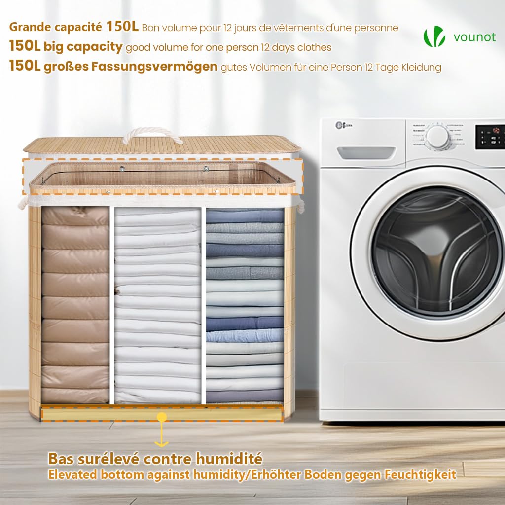 VOUNOT® Cesto Portabiancheria Rettangolare in Bambù 150L, Cesto Pieghevole per Panni Sporchi con Coperchio, Manici e 2 Borse Rimovibili a 3 Scomparti, per Bagno, Lavanderia e Camera da Letto, Naturale