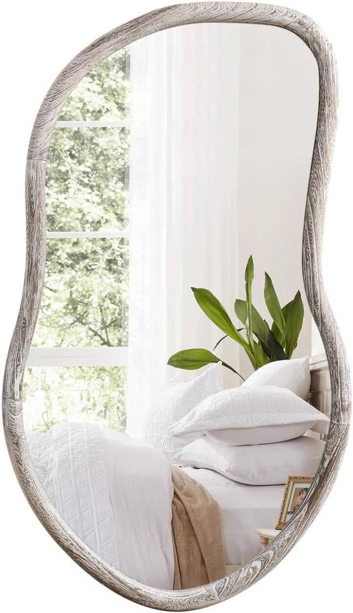Irregular Wall Mirror Farmhouse Wood Framed Asymmetrical Mirrors for Wall Rustic White Unique Vanity Mirrors for Bathroom Bedroom Living Room