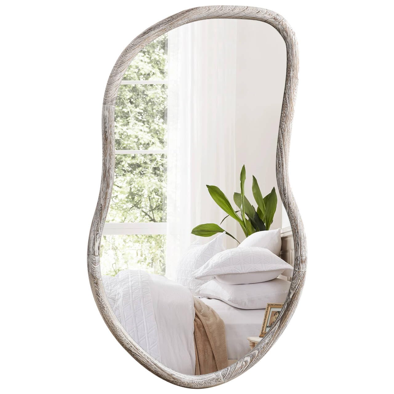 Feufoam Rustic White Irregular Wall Mirror Farmhouse Wood Framed Asymmetrical Mirrors For Wall Unique Vanity Mirrors For Bathroom Bedroom Living Room