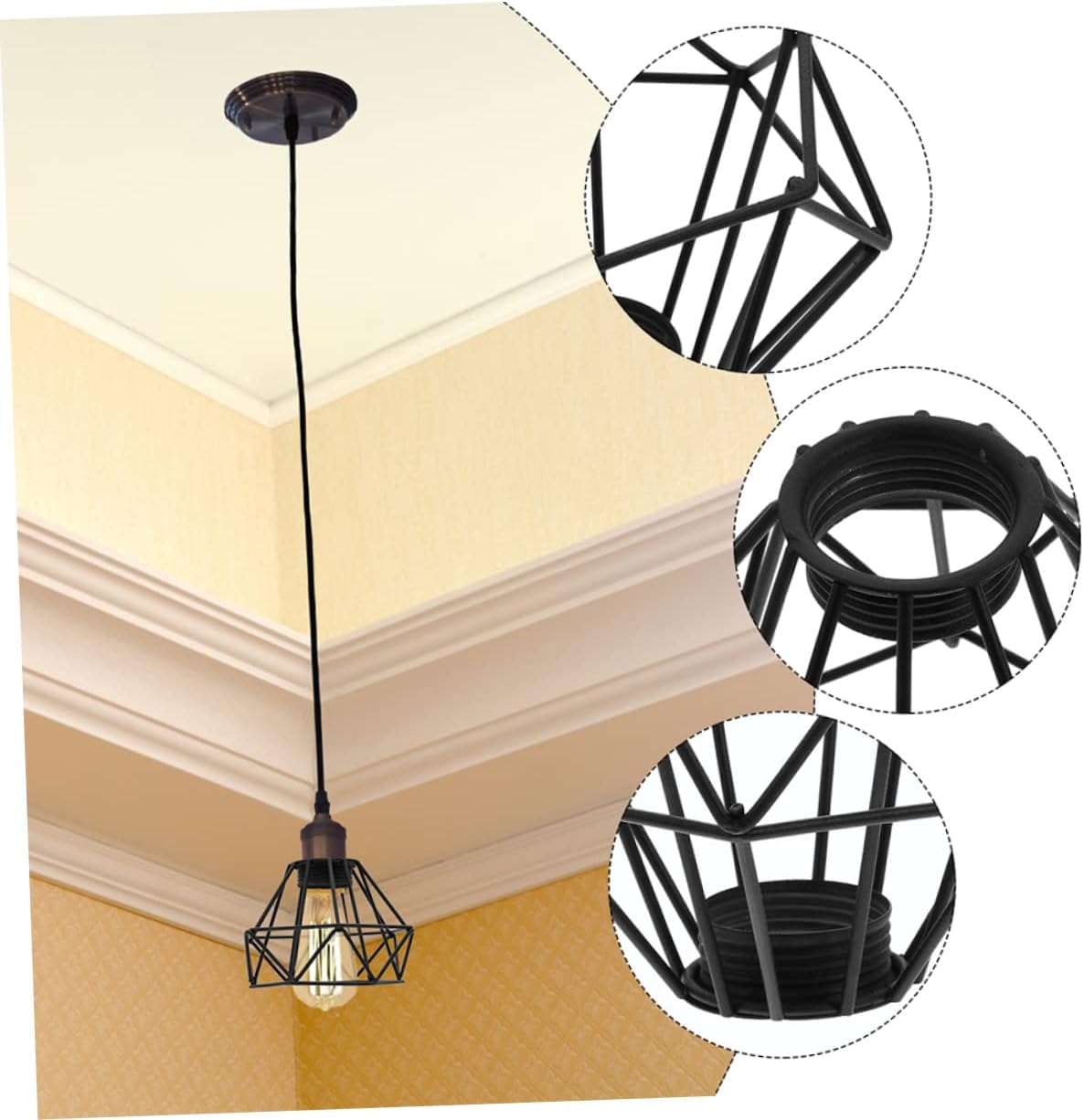 3sets Retro Ceiling Light Cover Vintage Hanging Light Fixture Metal Wire Diamond Shape Lampshade for Living Room 2pcs*3