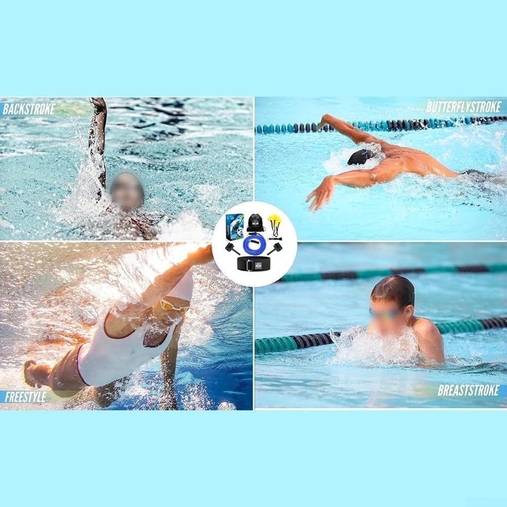 Cintura da allenamento per nuoto con paracadute e cinghie per caviglia, kit di imbracatura fissa per resistenza e rafforzamento in qualsiasi piscina, nero