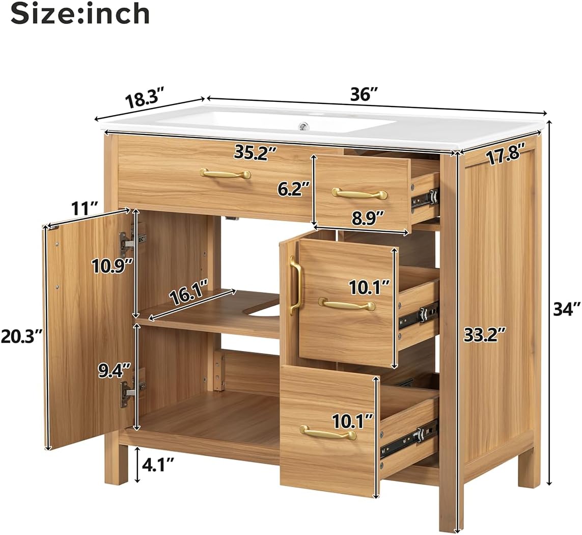 36" Wood Bathroom Vanity - Solid Wood Frame with 2 Soft-Close Doors, 3 Soft-Close Drawers & Adjustable Shelf (American Traditional Style)