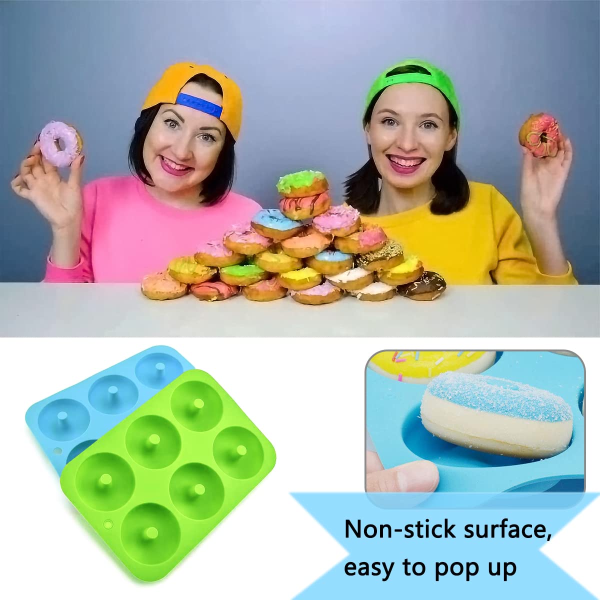 FIBOUND Ciambelle Stampo, 2 Stampi in Silicone per Ciambelle, 6 Cavità in Ciascuno Stampo, Antiaderenti, Resistenti al Calore, Senza Bisfenolo A, per Donut, Muffin, Cupcake, Biscotti e Bagel