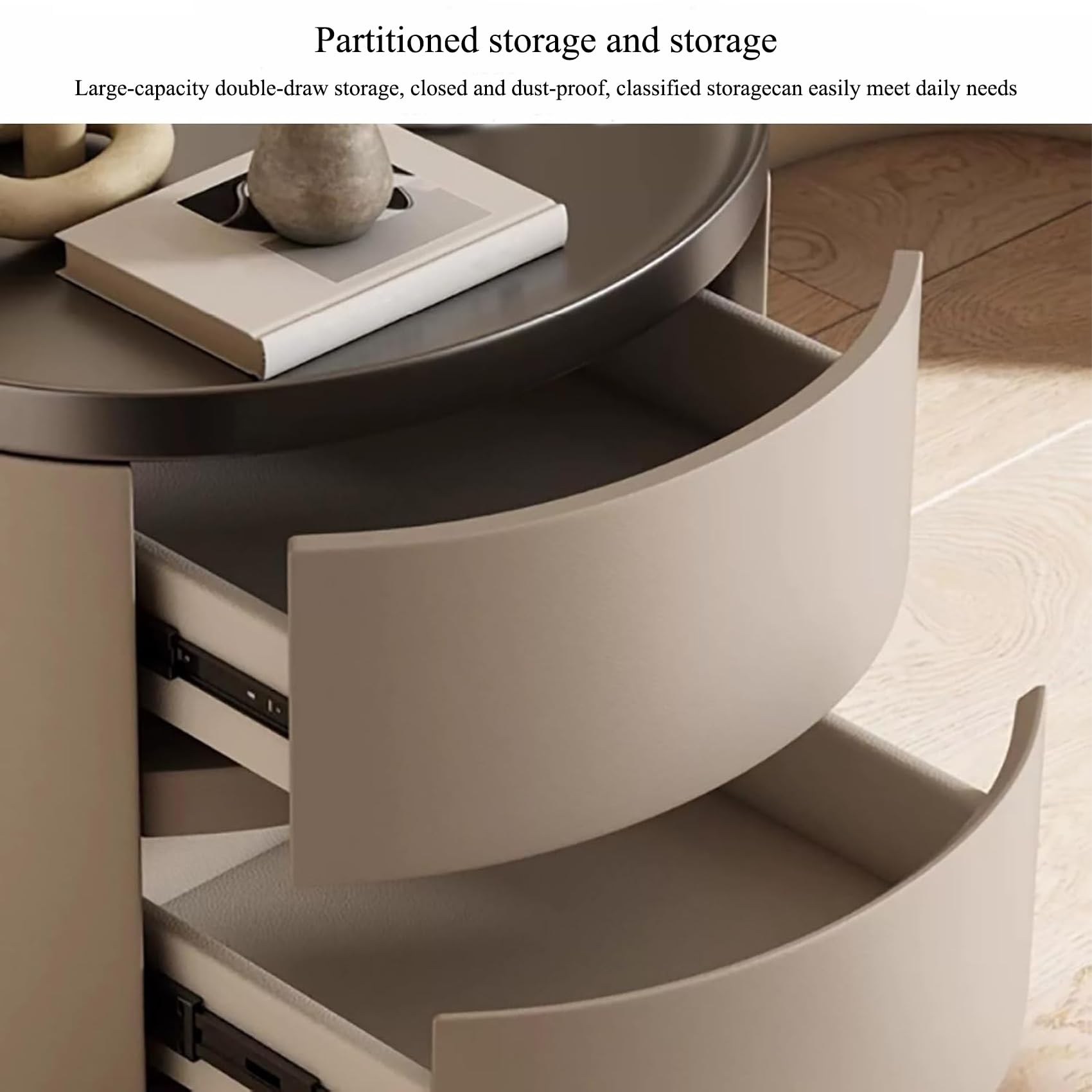 Table de chevet moderne et minimaliste en bois avec 2 tiroirs Table de chevet ronde en cuir microfibre pour chambre à coucher et salon Solutions de rangement