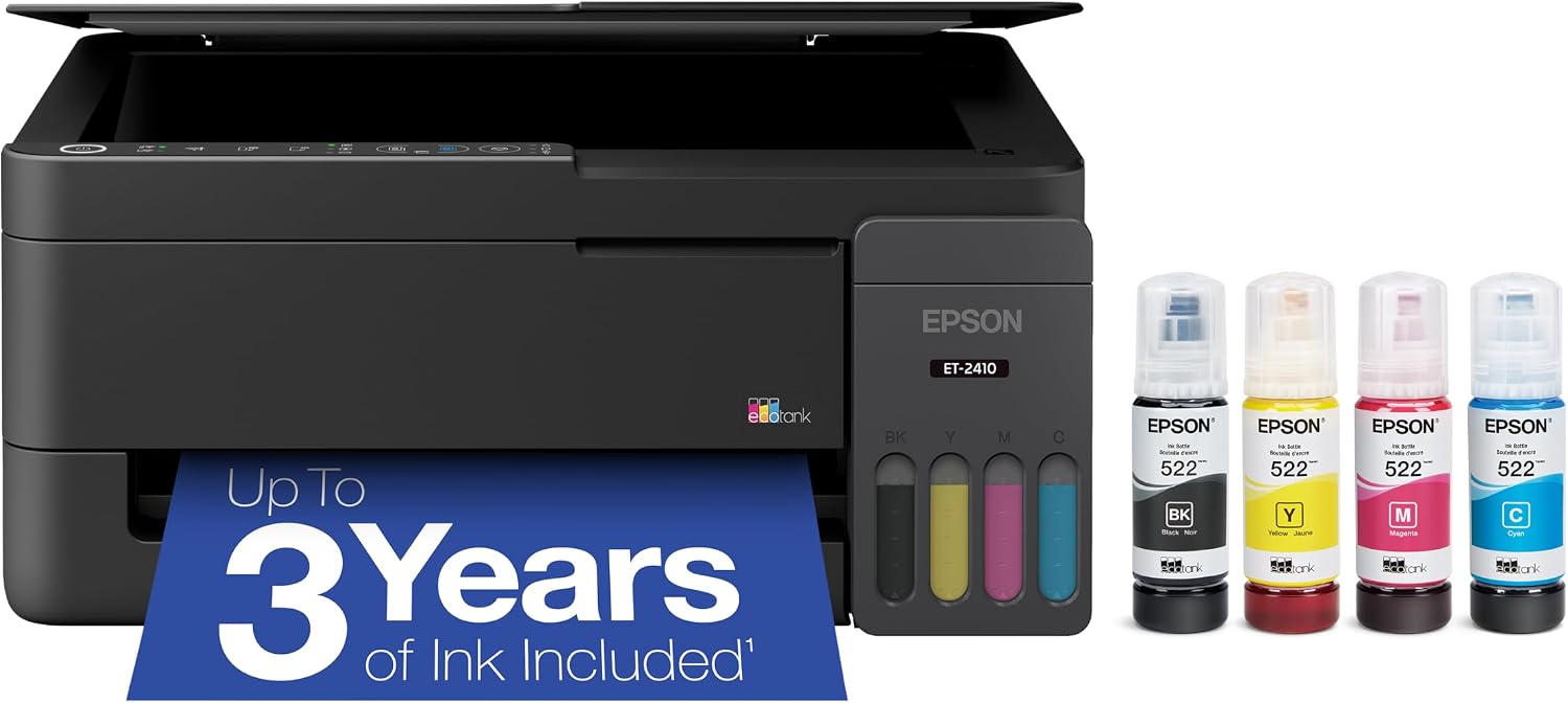 Epson EcoTank ET-2410 Wireless All-in-One Color Supertank Printer with up to 3 Years of Ink, Refillable Tanks, Perfect for Home, 11 PPM, Built-in Scanner – Black