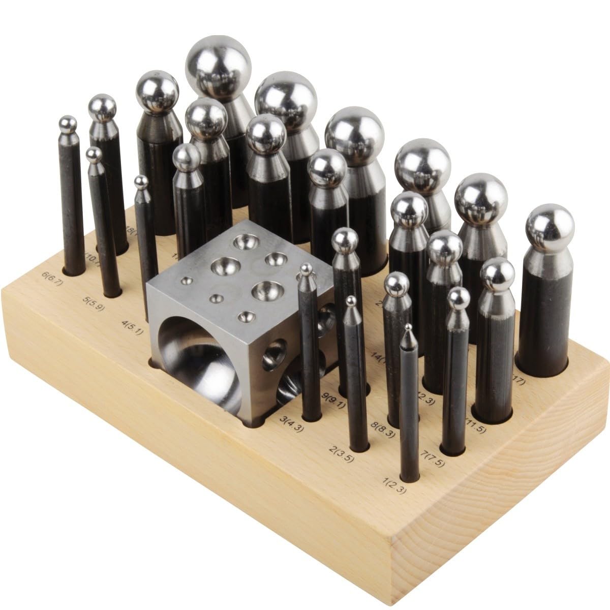 25PC Steel DAPPING Punch & Block Set with Wooden Stand for Craft Metal Shaping