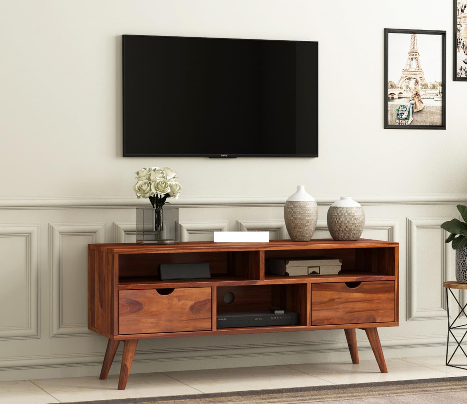 Exquisite Sheesham Wood TV and Setup Box Unit with 2 Drawers and 3-Shelf Storage and Decor - Perfect for Living/Bedroom/Office - Fits up to 50-Inch TV (Medora, Honey Finish)