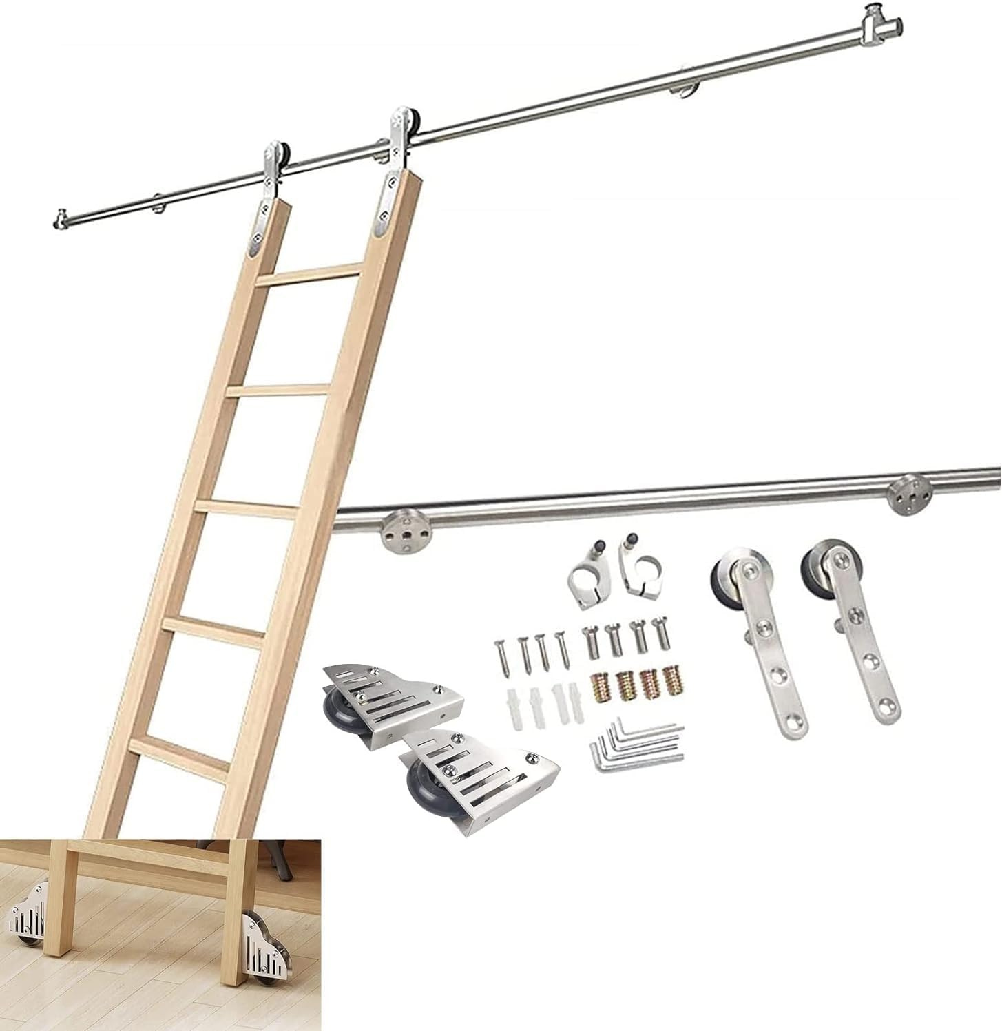 Sliding Ladder Hardware Full Set Library Rolling Ladder Track Kit, Stainless Steel Escalator Track, Easy to Install Slide Complete Set of Accessories (100cm(3.3 ft) track kit)