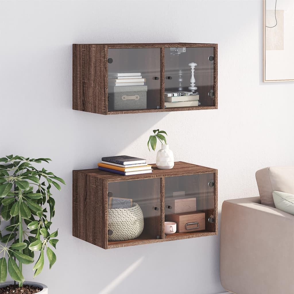 Wandschränke mit Glastüren 2 Stück Braun Eichen-Optik für Aufbewahrung im Wohnzimmer Büro Schlafzimmer Flur mit viel Stauraum und Stabiler Holz- und Glaskonstruktion