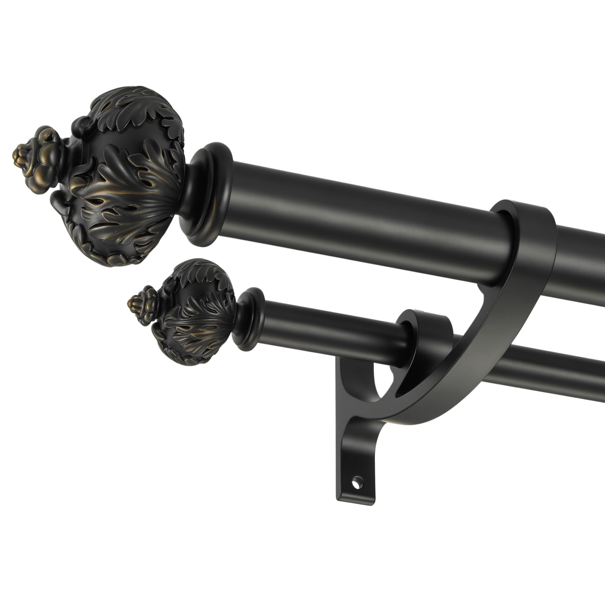 Lwiiom Heavy Duty Double Curtain Rod with Palm Leaves Finials and Aluminum Bouquet Brackets,Double Curtain Rods for Windows 72 to 144 Inches,1 Inch Front, 5/8 Inch Back Adjustable Double Rods,Black