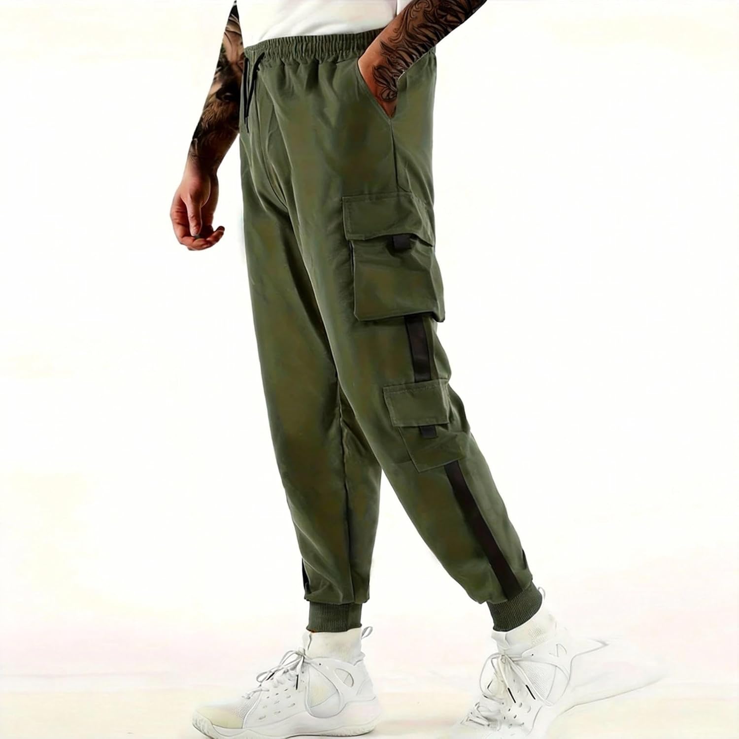 Loose Fit Multi Pocket Joggers for Spring Men' Street Style Waist Drawstring Casual Pants Cargo Fitness Outdo