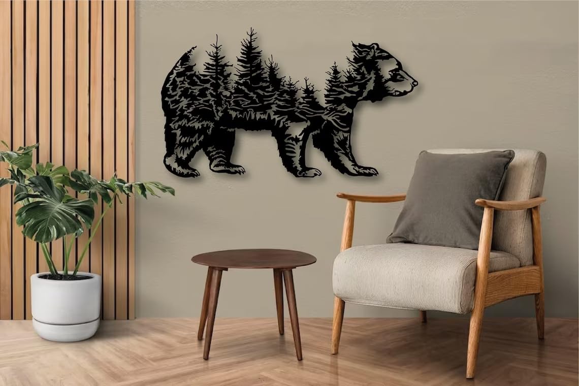 Décoration Murale Métal Ours Et Forêt – Style Nature, 75x41 Cm