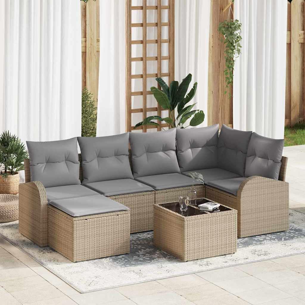 Ensemble de canapés de Jardin modulable 7 pièces Beige et Gris Clair en polyrotin avec Coussins, Structure Acier poudré pour terrasse, Salon Outdoor détente