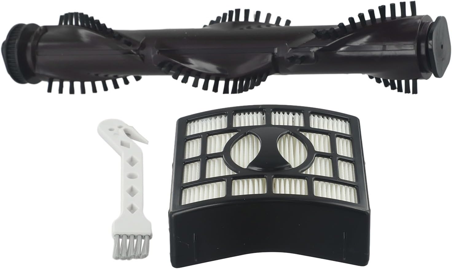 The maintenance kit showing the HEPA filter, foam and felt filters, roller brush, and the small cleaning brush tool.