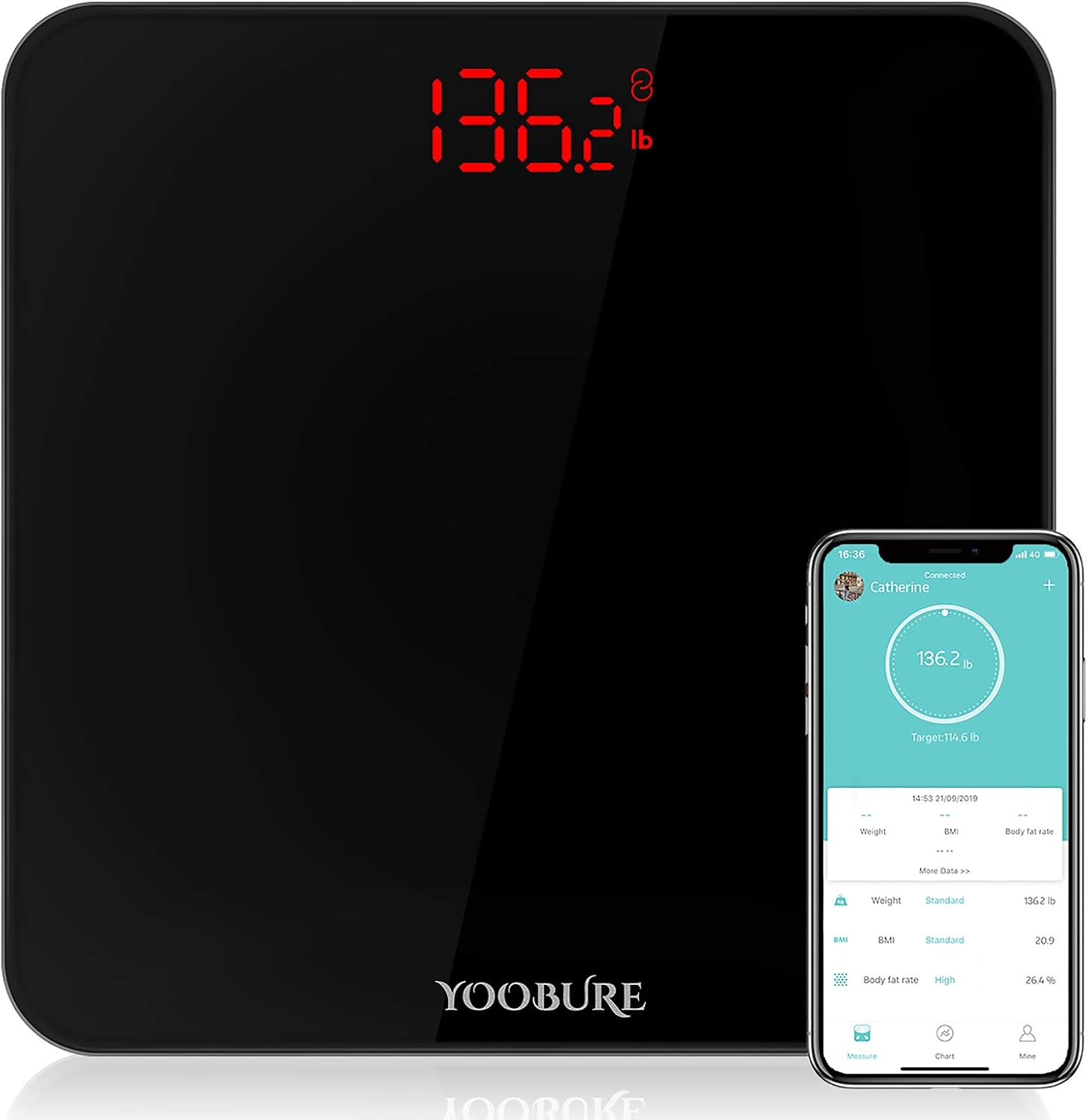 YOOBURE Precision Digital Body Weight Scale Bathroom Scale with Step-On Technology and Tempered Right Angle Glass Balance Platform (Black with Bluetooth)