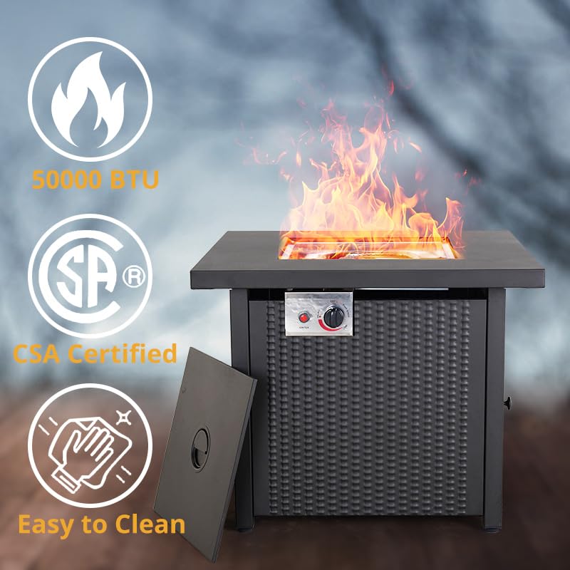 Image of Propane Fire Pit Table, 30 Inch Square Outdoor Gas Fire Pits Clearance 50,000 BTU with Steel Tabletop, Removable Lid, Lava Rocks for Outside Patio, Garden, Deck, Yard