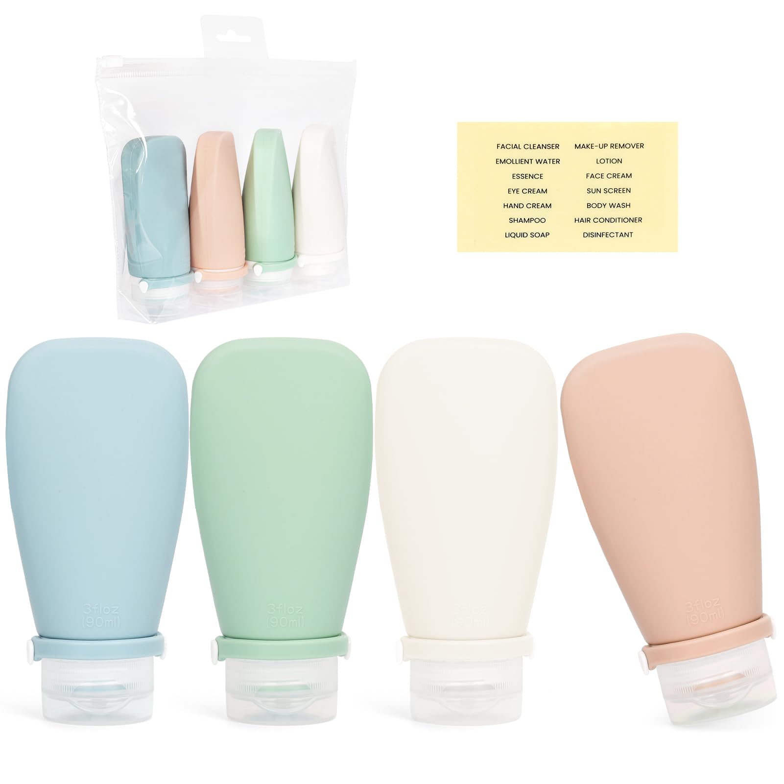 Simpolor 4 Pack Silicone Travel Bottle, 90ml Leak-Proof Squeezable Containers with Straps