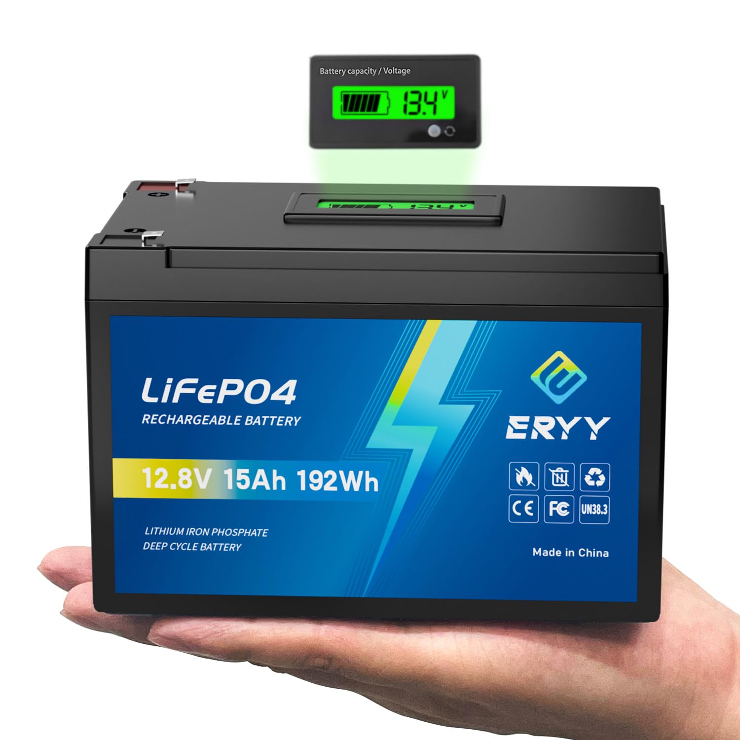 Upgraded LiFePO4 Lithium Battery 12V 15Ah - Built-in 15A BMS & LCD Voltage Meter & Grade A Cells,4000+ Deep Cycles Lithium Battery Lightweight Rechargeable Batteries for Camping Light,Fish Finder