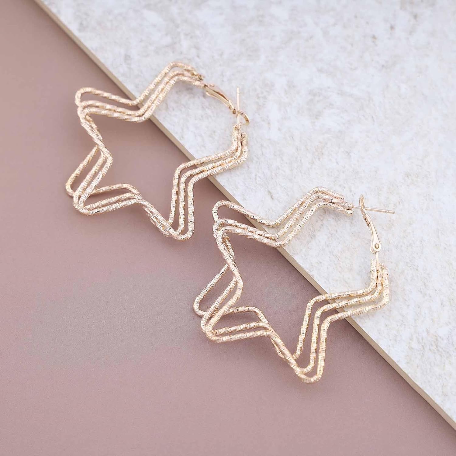 Vintage Large Star Hoop Earrings Celestial Star Stud Earrings Star Huggie Hoop Earrings Gold Star Open Earrings Layered Star Earrings Jewelry for Women - Image 3
