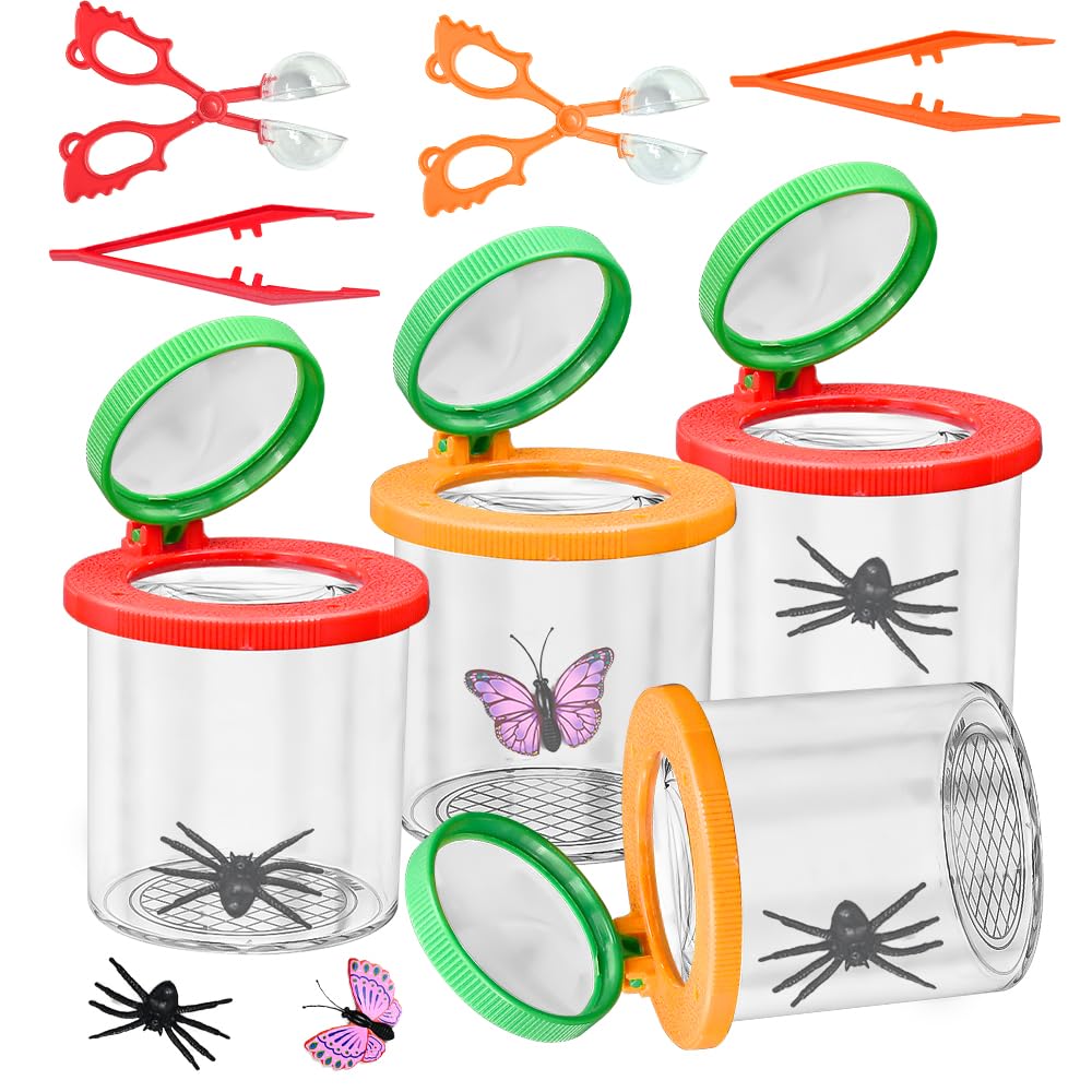 4 Stück Becherlupen für Kinder Becherlupe Lupenglas für Kinder Set Insekten Viewer für 3-Fach/6-Fach Lupenbecher Set Insektenfänger mit Pinzette Kleinkindspielzeug für Outdoor Natur Erkundung