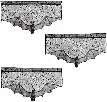 Ximimark 3 pcs Black Lace Halloween Gothic Bat Window Curtain, Spider Web Bats Witch Skeleton Door Curtain Panel Decor for Spooky Halloween Holiday Party Home Decoration, 23 * 36inch