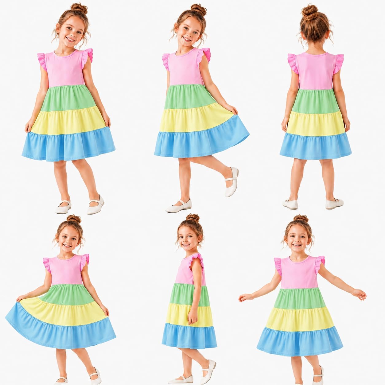 HILEELANG Girls Cotton Tiered Dress Flutter Ruffle Sleeve Summer Swing Sundress Birthday Party Casual Outfit Colorblock 2–12Y image 5