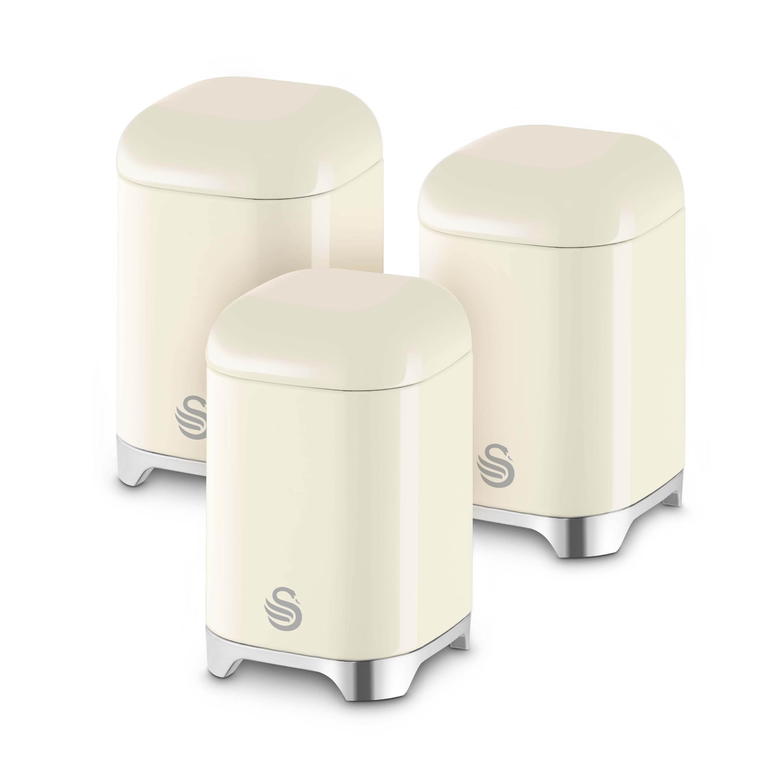 Swan Solace Set of 3 Canisters for Tea, Coffee and Sugar, Durable Iron Body Wipes Clean and Resists Scuffs, Each Canister is 1.5L, Cream, SWKA18541CRM