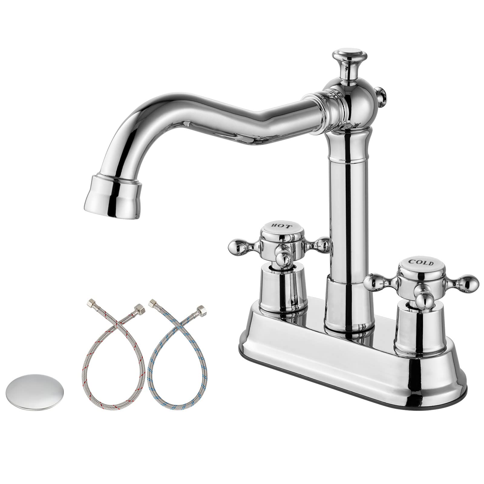 Aolemi 4 Inch Centerset Bathroom Sink Faucet with Swivel Spout 2 Cross Handles Polish Chrome Basin Mixer Tap with Pop Up Drain Vintage Faucets for Bath Lavatory Vanity for Sink 3 Hole Deck Mount