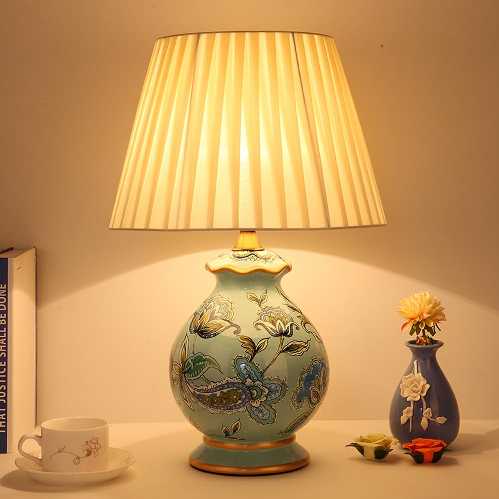 Lámpara de Mesa rústica pequeña con diseño de pájaro Amarillo y Flor de cerámica para Dormitorio, Decorativa, de Porcelana Azul, mesita de Noche, lámpara de Escritorio rústica para casa, Oficina,