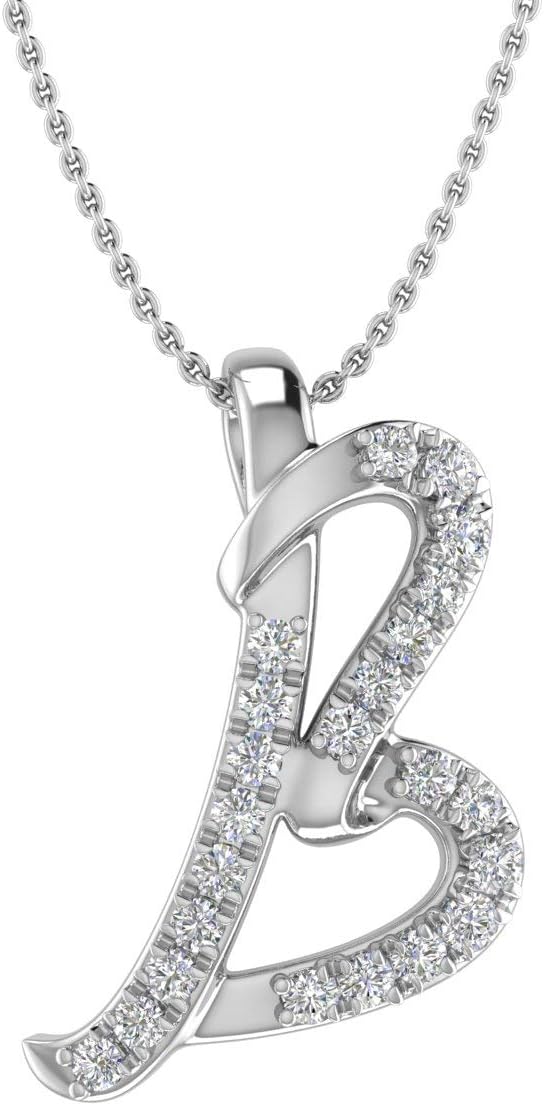 FINEROCK Diamond Initial Letter Pendant Necklace in 10K White Gold (with Silver Chain)