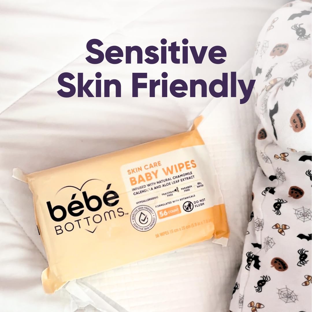 Bébé Bottoms Hypoallergenes Gesichtstuch und Baby-Feuchttücher – parfüm- und parabenfrei, empfindliche Haut – Reiseutensilien, Baby-Essentials – ideal für Familien unterwegs (56 Stück)