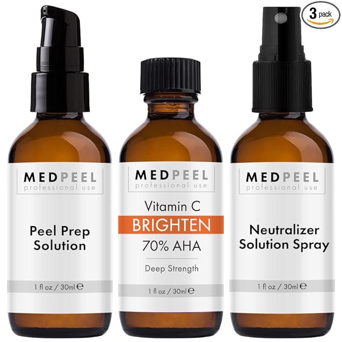 Medpeel 70% AHA & Vitamin C Brightening Essential Chemical Peel at Home Kit, Includes Peel, Prep, Neutralizer, Deep Strength Professional Grade Chemical Face Peel, Reduces Age Spots, 1oz/30ml
