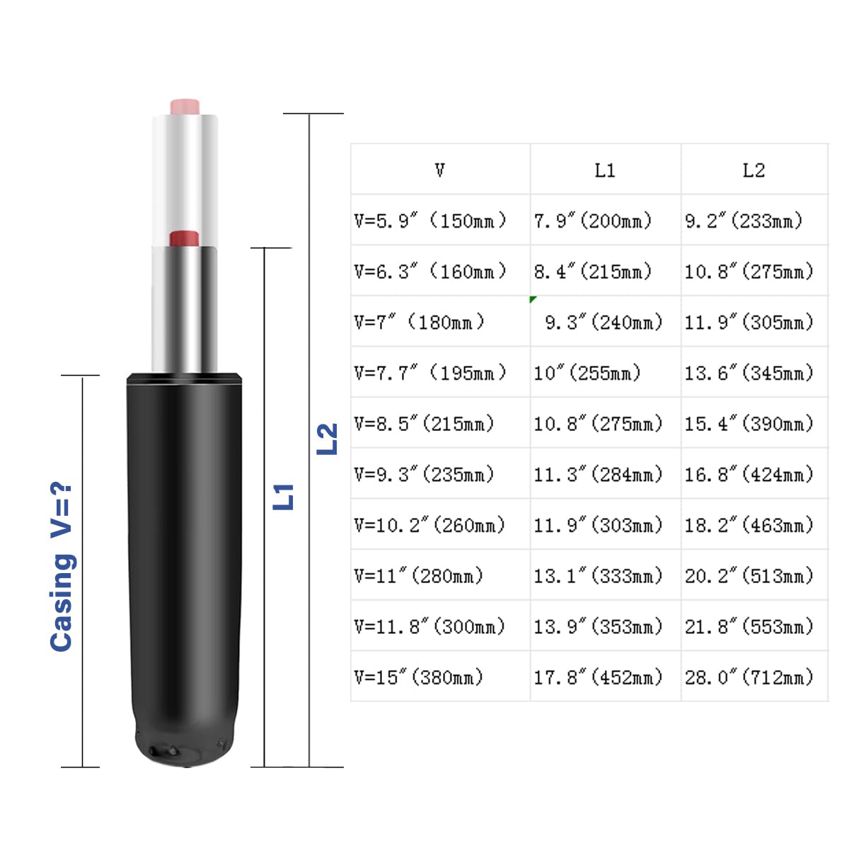 Pistón de silla de oficina con elevación de gas 9.3 - Mecanismo de elevación de pistón de gas plateado, longitud total 11.3-16.8 - Piezas de repuesto para sillas de oficina
