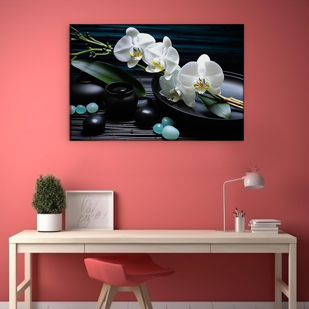 Art Wall: Masterful White Orchids and Stones Exuding Elegance and Tranquility. Interior Decor, Canvas Art Design, Art Apartment Decoration, Office Arts Design. Size: 69x46 cm (27x18 inch)
