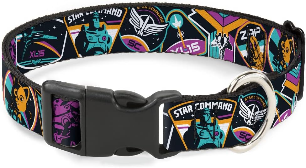 Disney Pet Collar, Dog Collar Plastic Buckle, Lightyear Mission Patches Collage Black Multi Color, 13 to 17 Inches 1.5 Inch Wide