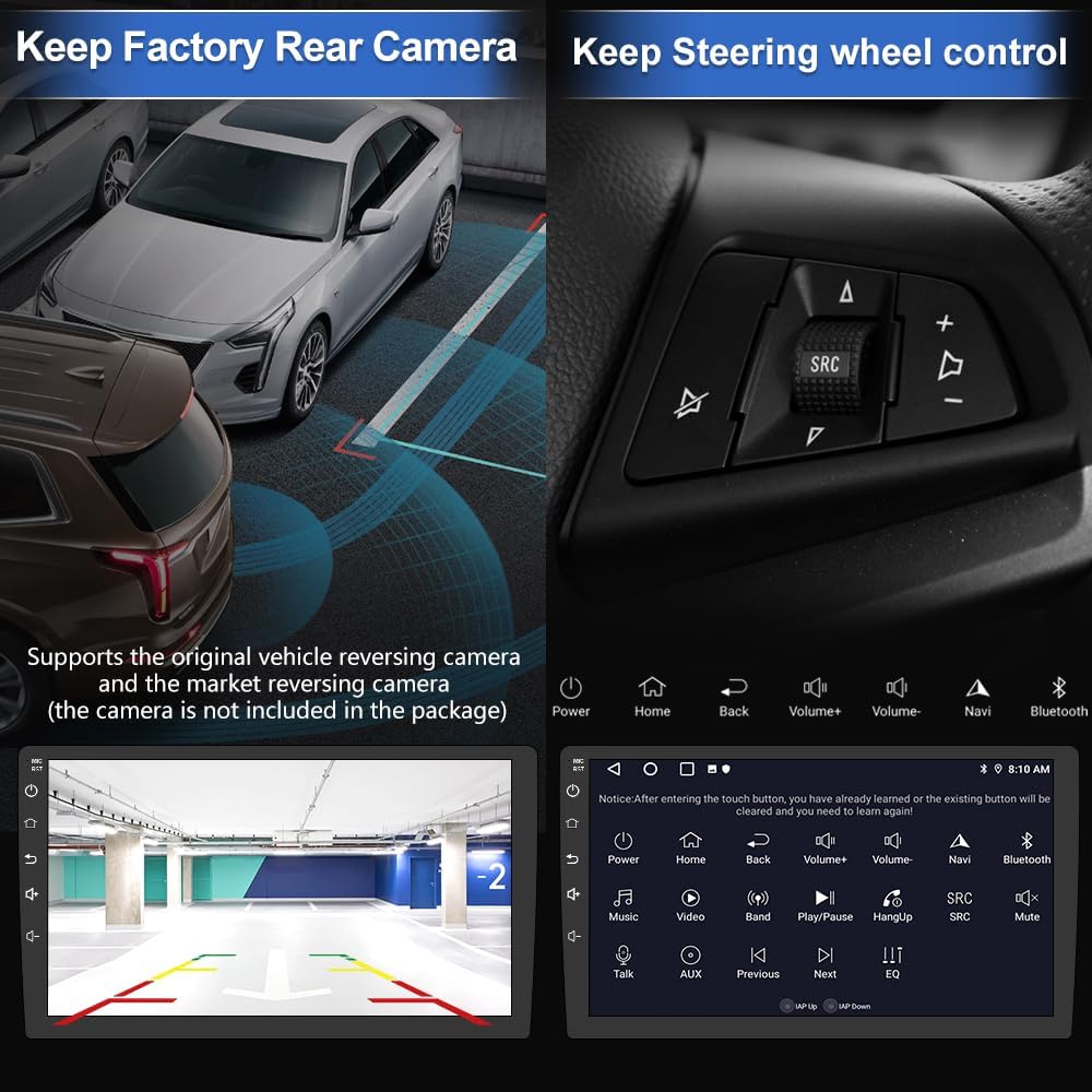 Image showing steering wheel controls and rear camera display on the car stereo.