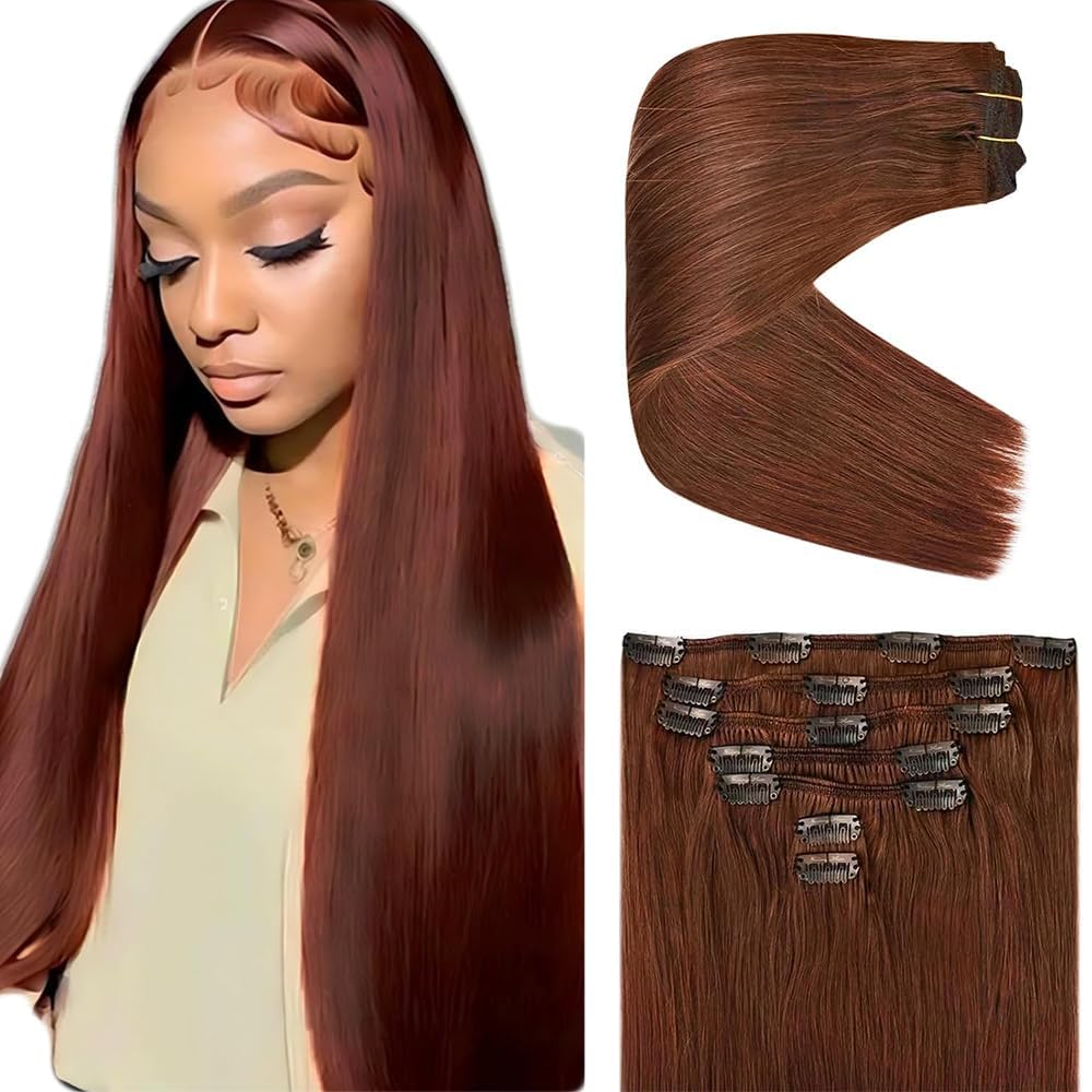 Photo 1 of #33 Auburn Brown Clip in Hair Extensions Human Hair, Copper Red Straight Remy Hair Extensions Clip ins for Women, 24 Inch 120g 7Pcs,Reddish Brown Human Hair Extension