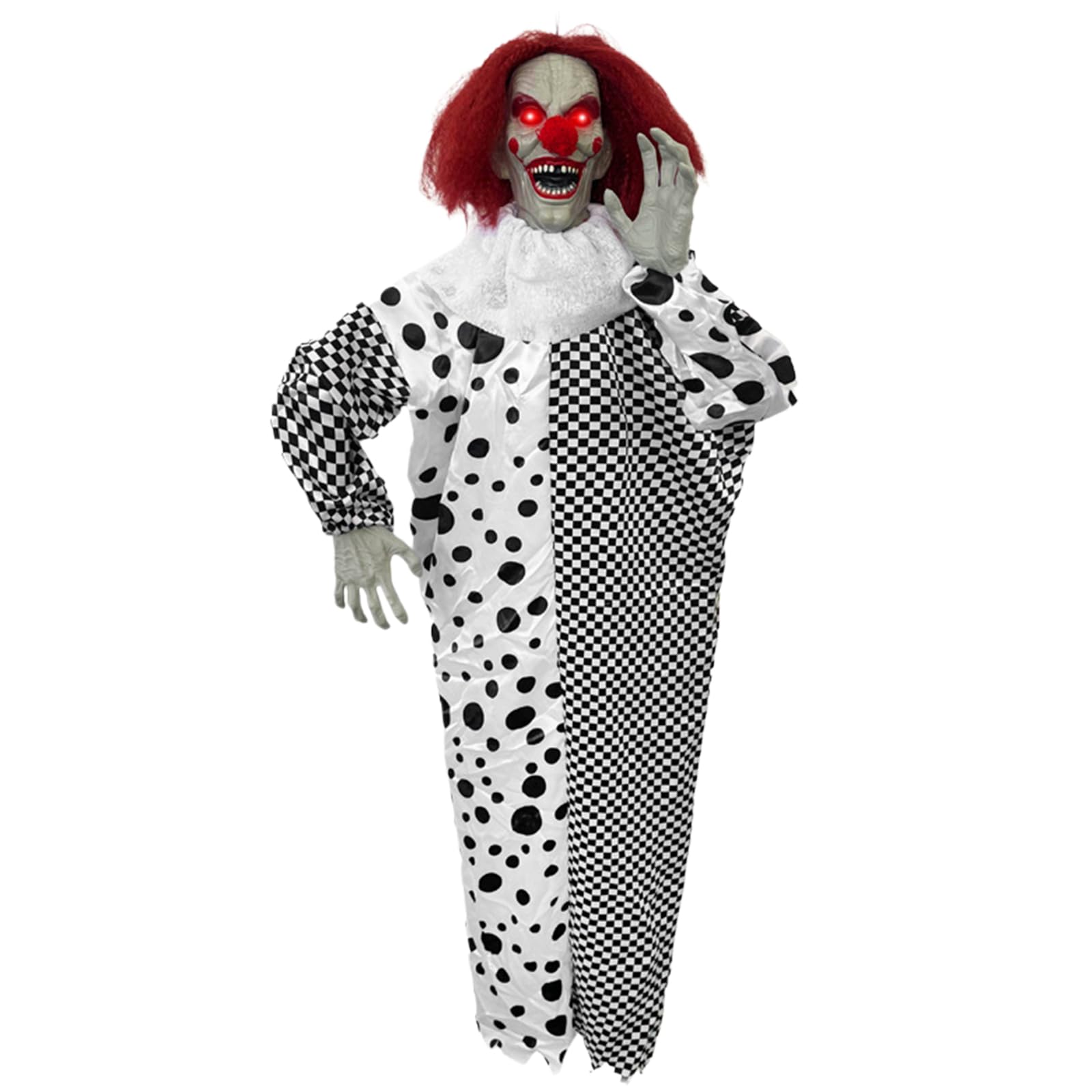 NASSMOSSE Halloween Decorations 47" Hanging Clown Animatronics Waving Hands Clown Light Up Red Eyes Sound & Touch Activated Halloween Animatronics for Home Party Indoor Outside Yard