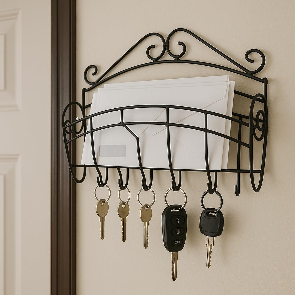 Dependable Industries Mail & Key Holder Hooks Organizer Wall Mounted Decorative Black Matte Entryway Organize Letters, Magazines, Keys, Dog Leashes Multi-Purpose