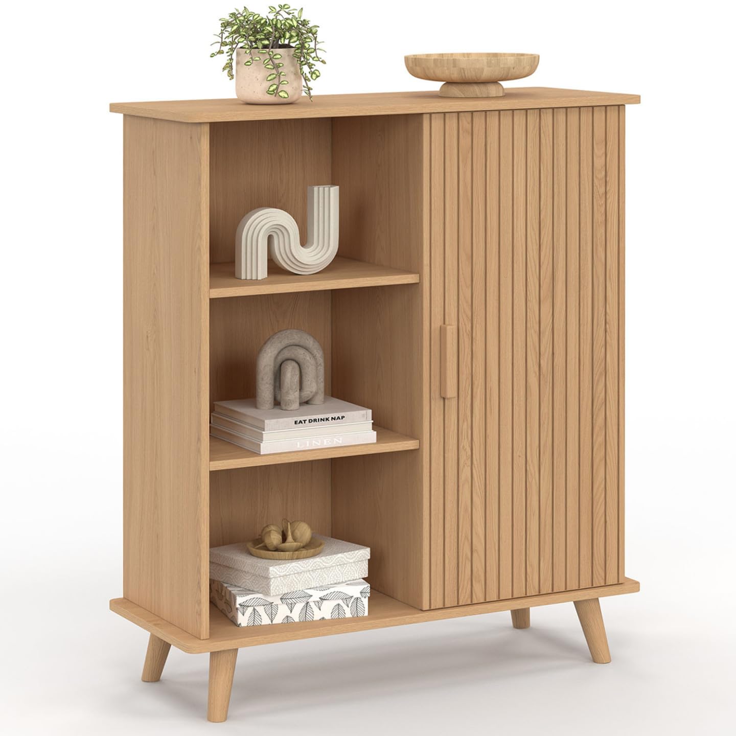 IDMarket - Buffet d'appoint 3 étagères et Placard 70 cm Juliette Effet Lattes tasseau Bois